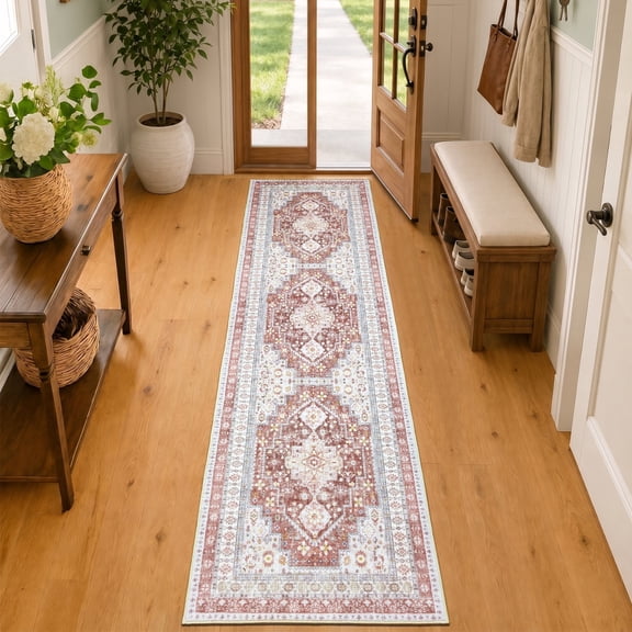 CYNERA Vintage Distressed Bohemian Runner Rug 2'x8', Red Soft Machine Washable Foldable Non-Slip Carpet for Hallway Kitchen Entryway Bedroom Laundry