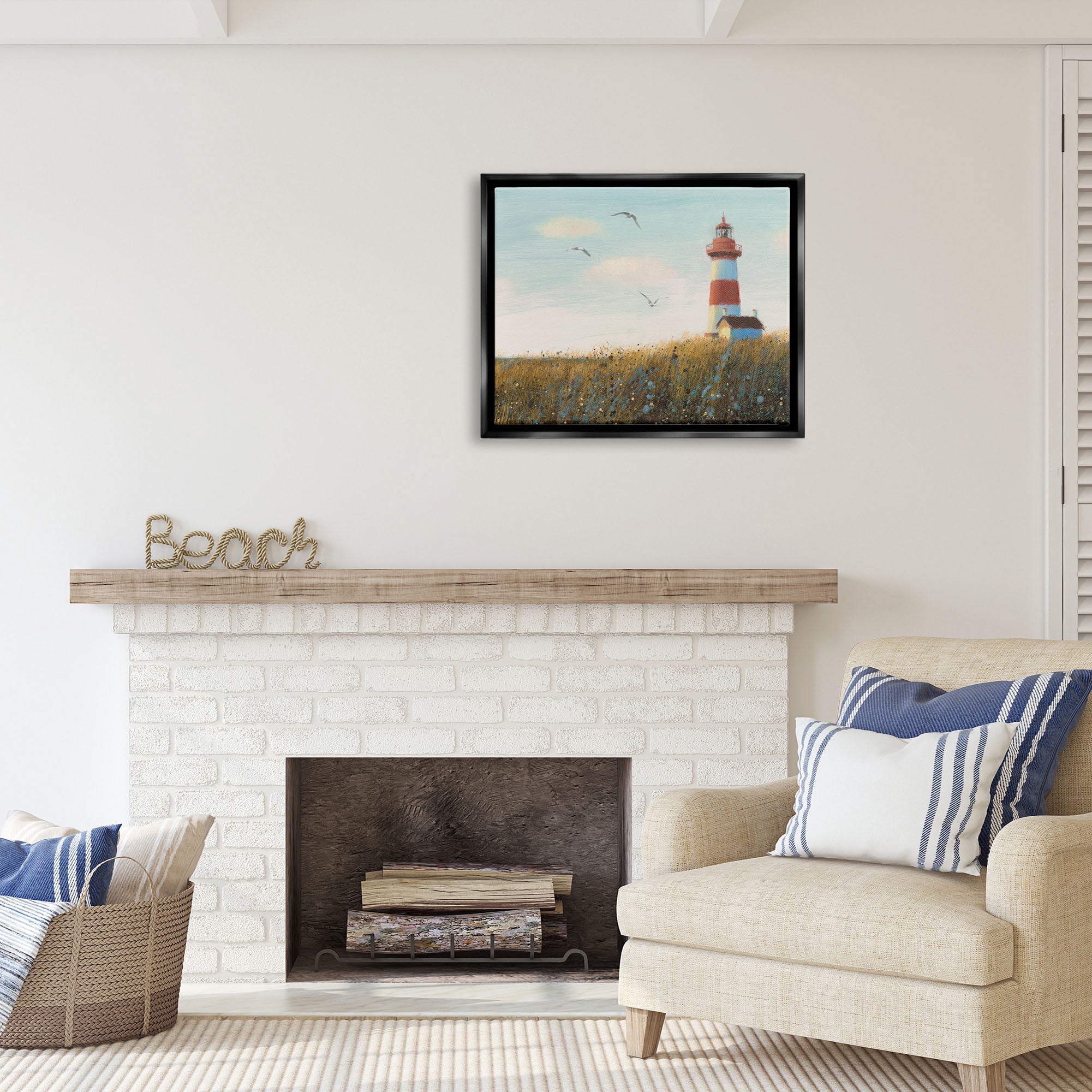 Stupell Industries Coastal Lighthouse Painting Nature Painting Black Floater Framed Art Print Wall Art, 31 x 25