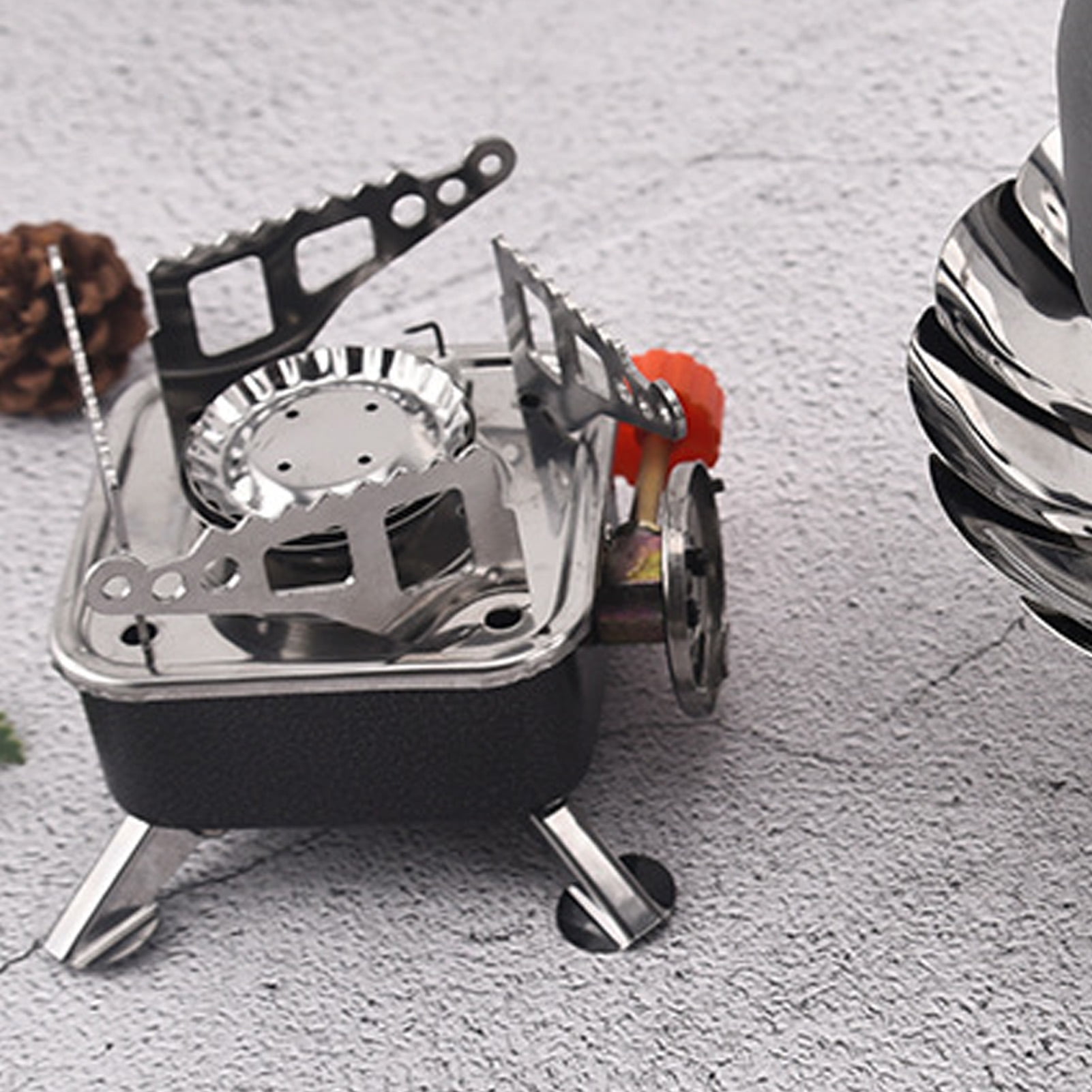 Rupoun Mini Camping Stove Folding Portable Gas Burner for Outdoor Hiking Backpacking High Efficiency Wind Resistant Stable Support Black Square With Tube Buckle 5.12 inches / 13 cm