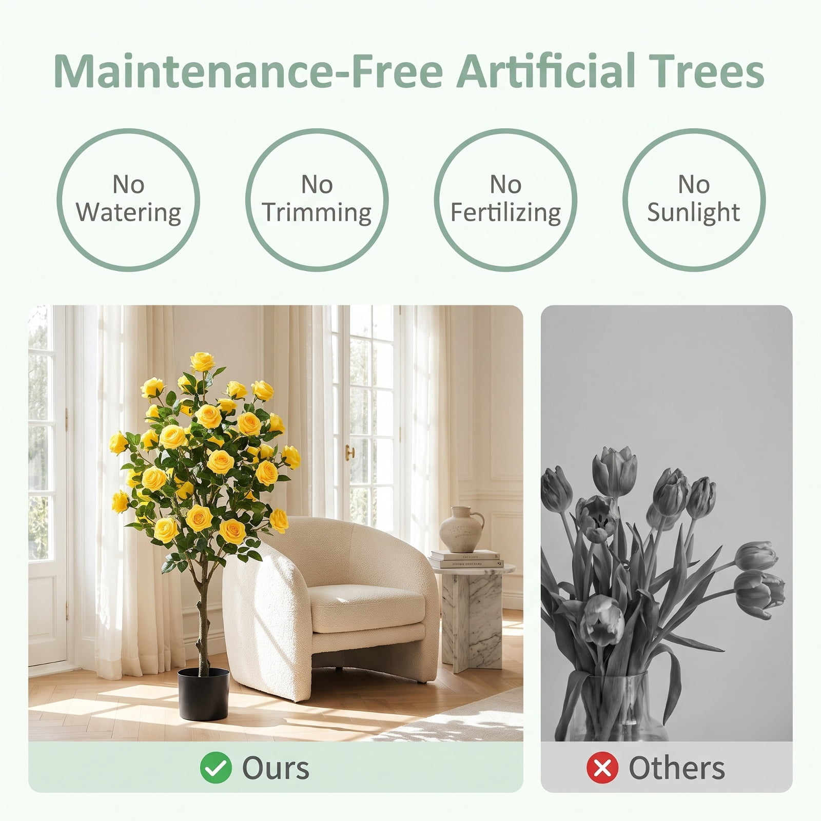 Vebreda Artificial Plant Decor, Artificial Camellia Tree Faux Flower Plant in Cement-Filled Pot, Lifelike & Elegant Design, Selected PE Materials