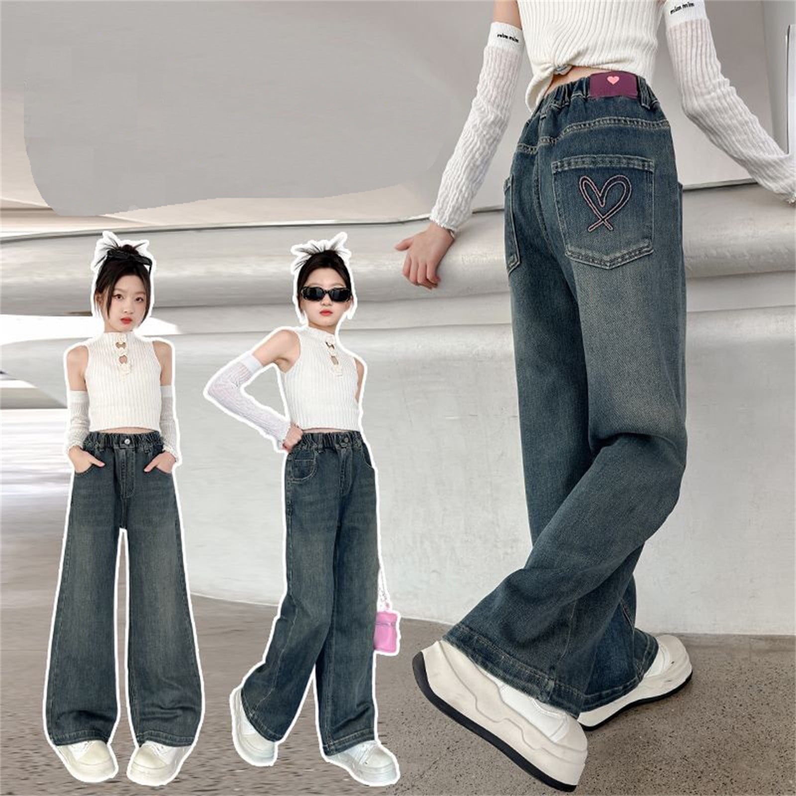 Tfken Denim Pant For Girls Teen Full-Length Elastic Waist Colored Wide-Leg Breathable Trendy jeans Blue Size 5-6 Years