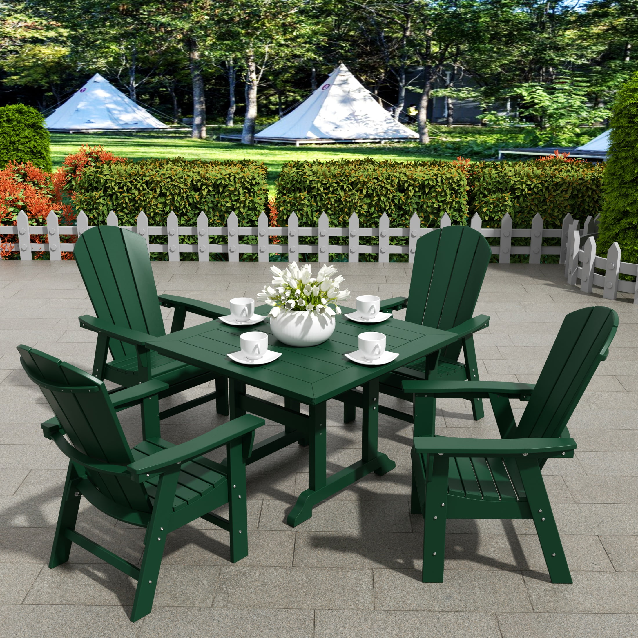 WestinTrends Malibu 5 Piece Adirondack Outdoor Dining Set, All Weather Poly Lumber Patio Table and Chairs Furniture Set, 43" Trestle Square Dining Table and 4 Adirondack Dining Chair, Dark Green