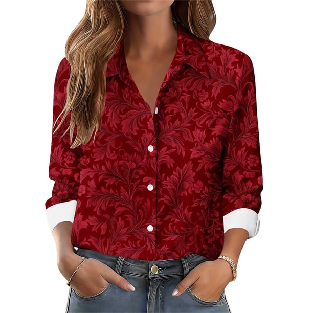 TaTaai Women Printed Casual Button Down Shirt Long Sleeve Collared Blouse Ladies Spring Autumn Daily Street Wear Soft Breathable Machine Washable No Fading Stylish Top Gift