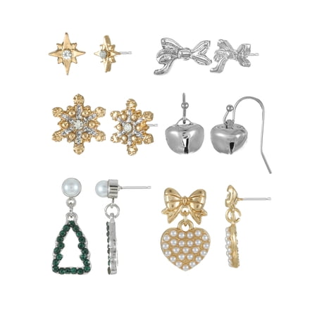 Holiday Time Christmas Motifs Earrings, 6 Pairs