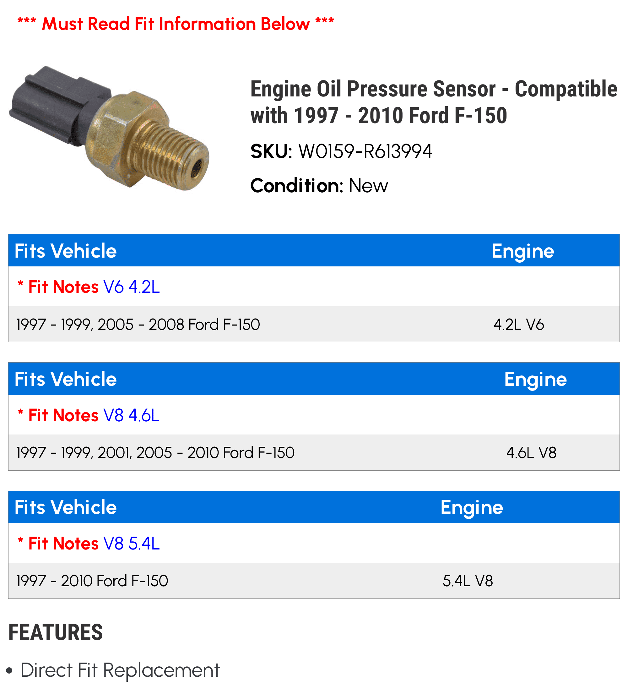 Compatible with 1997-2010 Ford F-150 Engine Oil Pressure Sensor 