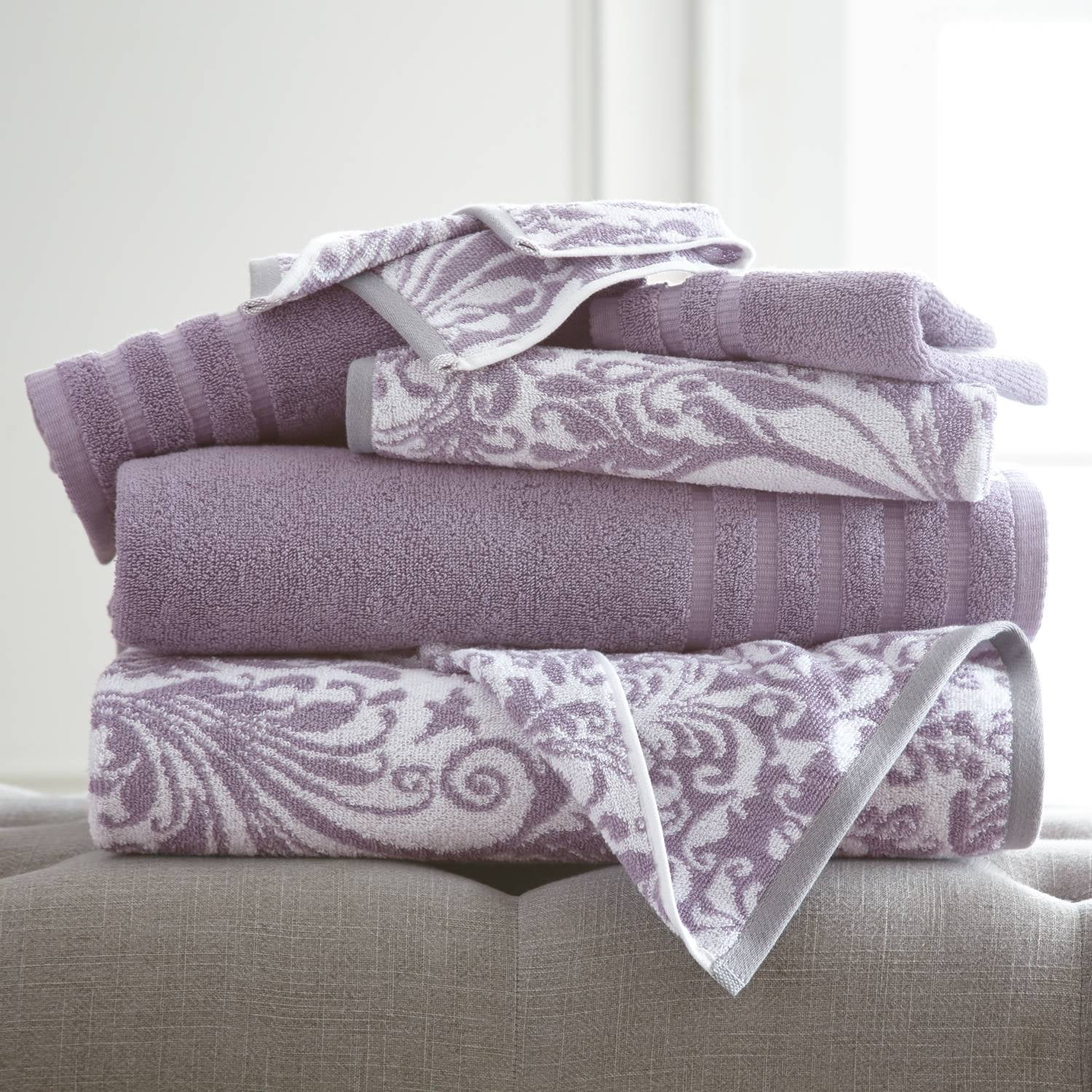 6 Piece Yarn Dyed Towel Set, Filigree Swirl, Grey Lavender