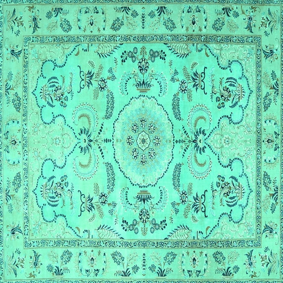 Ahgly Company Machine Washable Indoor Square Medallion Turquoise Blue Traditional Area Rugs, 3' Square