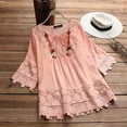 thumbnail image 2 of Blouse For Women Summer Vintage Lace Patchwork Bow V Neck Embroidery Summer 3/4 Sleeve Retro Solid Tops T Shirt, 2 of 2