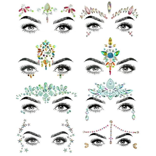 SHINEYES 8 piezas de gemas para la cara de sirena para mujer, con purpurina, diamantes de imitación, joyas para la cara, cristales para festivales, pegatinas para la cara, ojos, cara, cuerpo, tatuajes