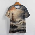 thumbnail image 3 of Lighthouse Sunrise Coast Scenery Pale Blue Tan Women's Short Sleeve Tops Casual Blouses T Shirt, 3 of 6