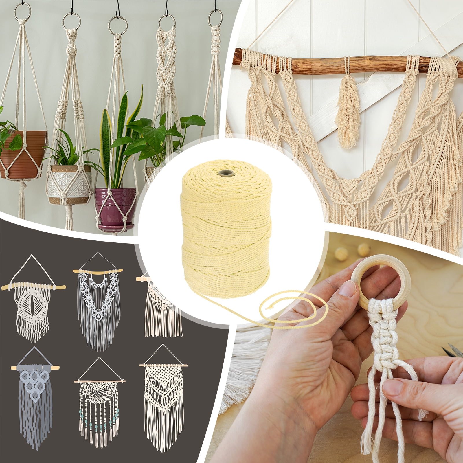 Uxcell Natural Macrame Cord 3mm x 328 Yards 4-Strand Twisted Cotton Macrame Rope for DIY Knitting Plants Wall Dreamcatcher, Light Yellow