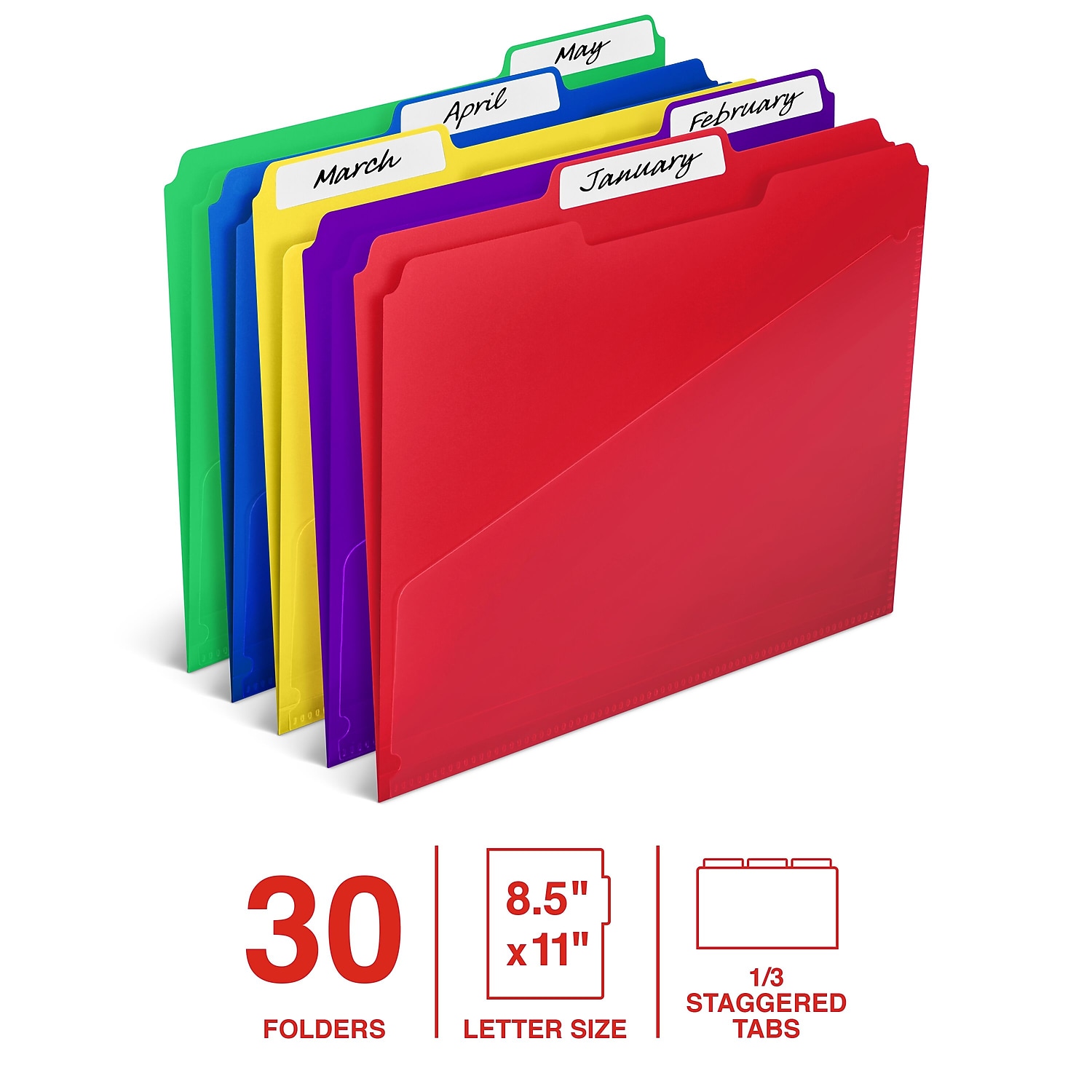 Staples File Folder 1/3-Cut Tab Letter Size Plastic Assorted Colors 30/Box (ST62541)