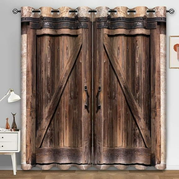 Rustic Barn Door Blackout Curtains - Room Darkening Curtains Farmhouse Wood Wooden Window Drapes Decor For Bedroom Living Room Grommet 42"W x 84"L (Pack of 2)