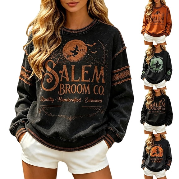 Halloween Salem Witch Broom Sweatshirt for Women Halloween Salem 1692 Spooky Season Shirts Crewneck Hocus Pocus Holiday Pullover Dark Gray XXL