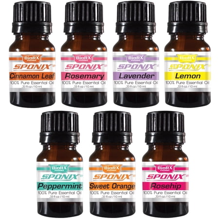 Essential Oil Gift Set of 7 Aromatherapy ( 7 x 10 mL ) - Frankincense Cinnamon Leaf Peppermint Sweet Orange Rosemary Lemon Rosehip - Made with 100% Pure Therapeutic Grade Essential Oils by Sponix