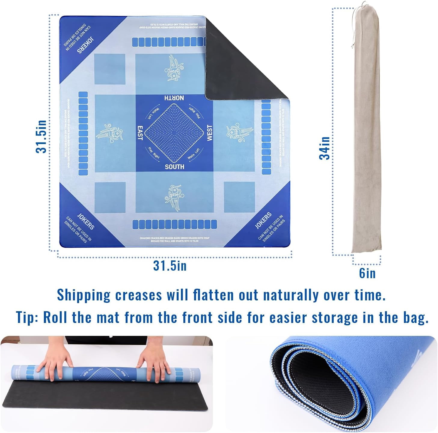 Mahjong Mat 31 * 31 Inch Non-Slip Noise Reduction, American Mahjong Mat for Table with Bag, Waterproof Surface Mah Jongg Mats for Poker, Card, Dominoes, Board & Tile Games (Blue)