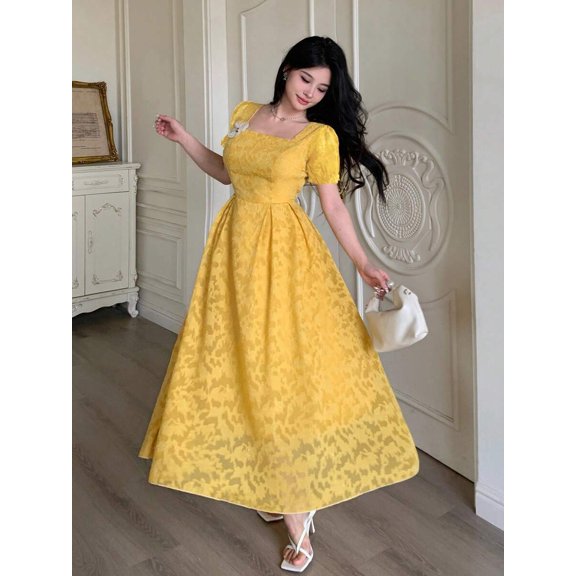 Yellow Womens Square Neck Puff Sleeve Fit & Flare Midi Dress With 3D Floral Embellishment