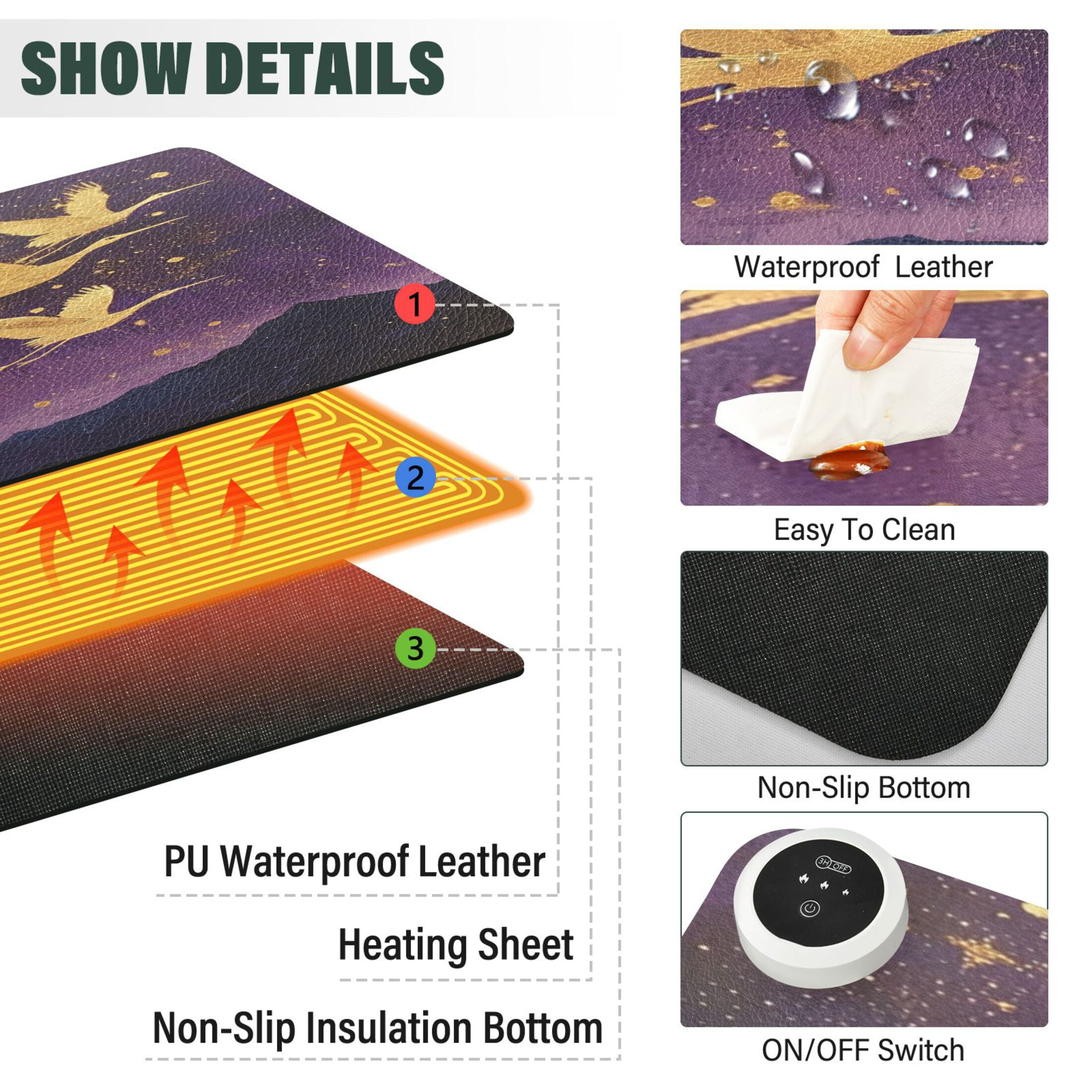 Wobogo Wild Crane Heated Mouse Pad Extra-Large Desk Mat With 3 Heating Levels and 3-hour Auto Shut-Off Protection Ideal for Computer Keyboards Home Office Hand-warming Essential 31.5in × 13in
