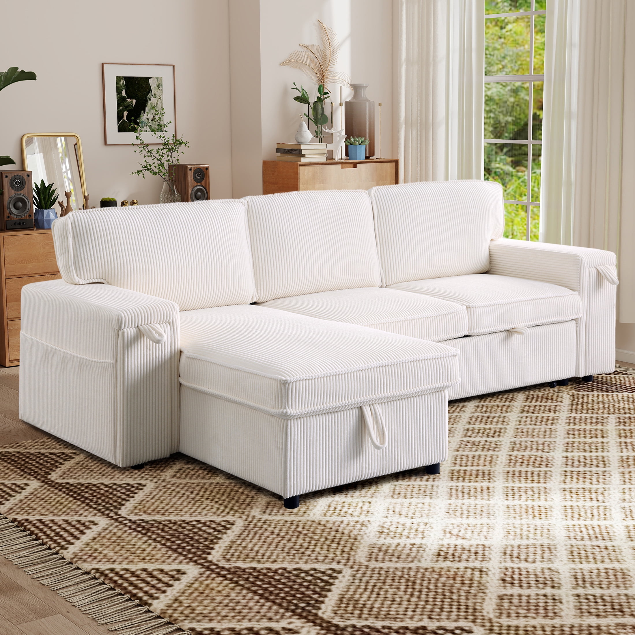 Aukfa Corduroy Pull Out Sofa Bed, Reversible Sectional Couch with Storage Chaise, Hidden Cup Holder, Beige