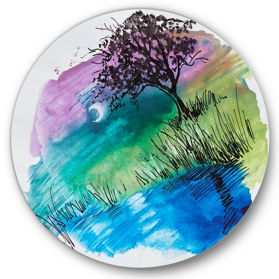 Designart 'Rainbow Silhouette Of Tree On The Riverbank At Night' Modern Circle Metal Wall Art 36x36 - Disc of 36