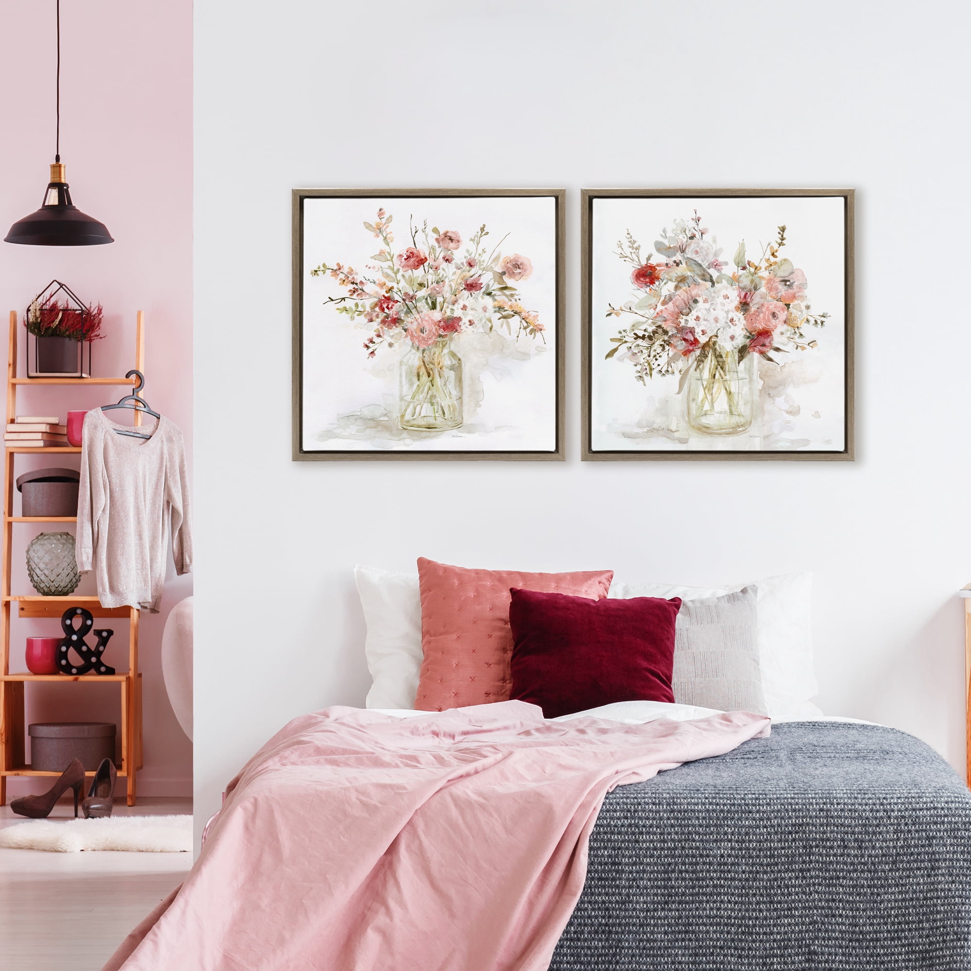 Stupell Industries Delicate Watercolor Bouquets in Glass 2 Piece Brown Framed Floater Canvas Set, design by Carol Robinson