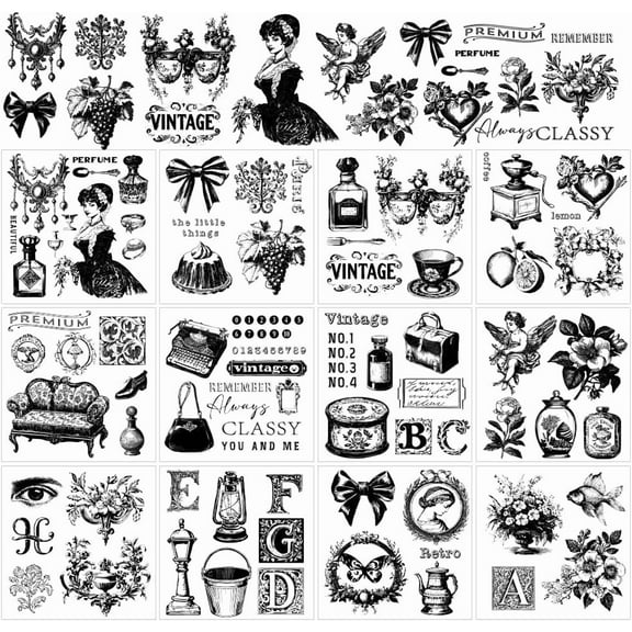 Colorful 12 Sheets 12 Style Vintage Rub on Transfers Black and White Happy Planner Stickers Transfer Furniture Stickers for Arts Craft Decals 5.5x5.5 Inch