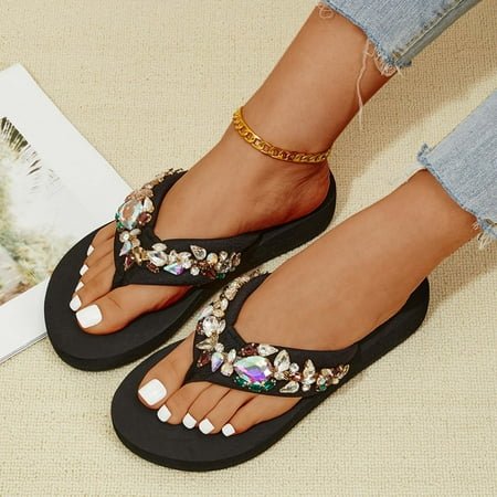 

Sawvnm Summer Women s Sandals Flat Toe Shoes Wear Flip-flops Outside The Beach Slippers For Women Costing Saving Black US:6.5-7