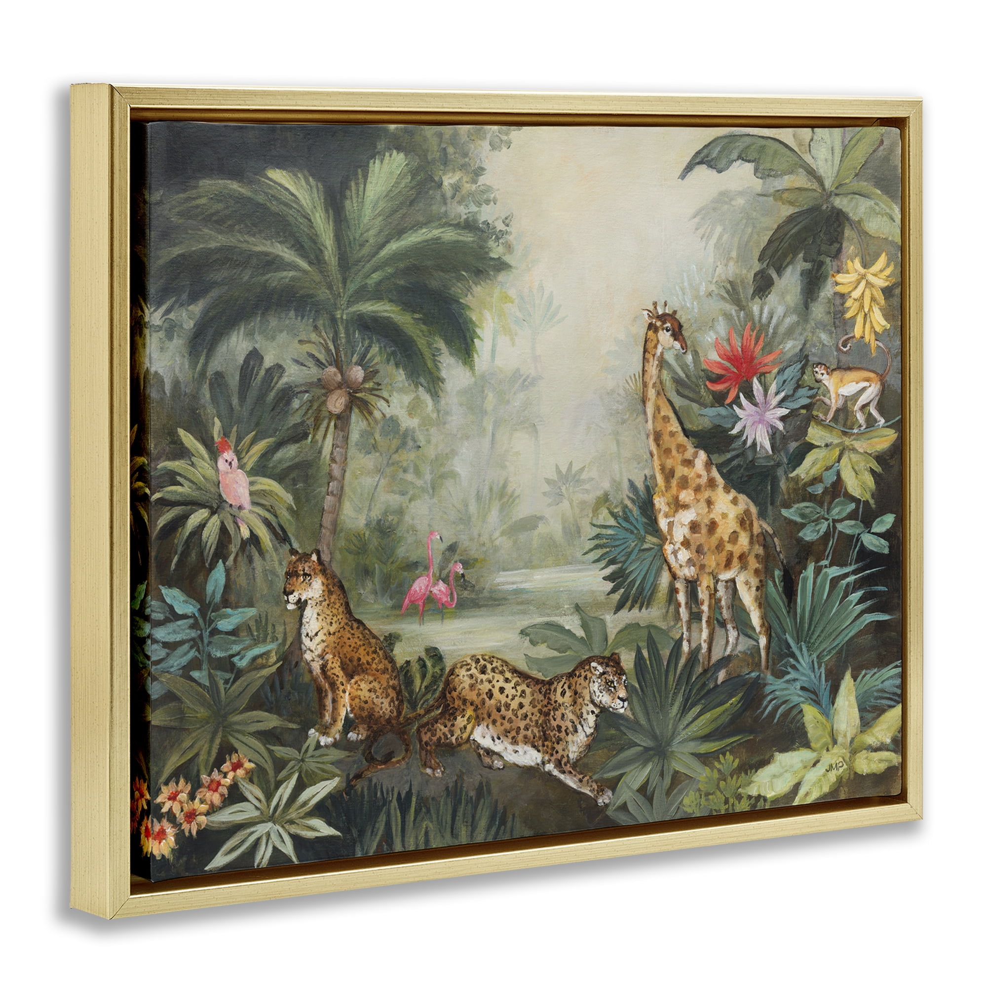 Stupell Industries Tropical Animals in Jungle Landscape Painting Gold Floater Framed Canvas Art Print Wall Art, 21 x 17