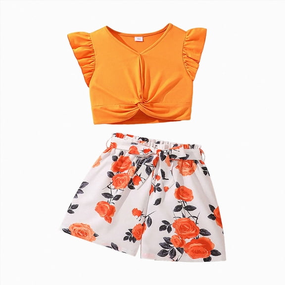Sgkm Girls Clothes Printed Toddler Outfits for Girls Shorts with Flying Sleeve Crop Top Set Orange 15-16 Years