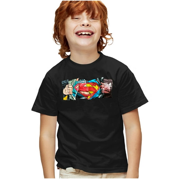 Superman Super Reveal Kids T Shirt for Youth Boys and Girls, Black, Large
