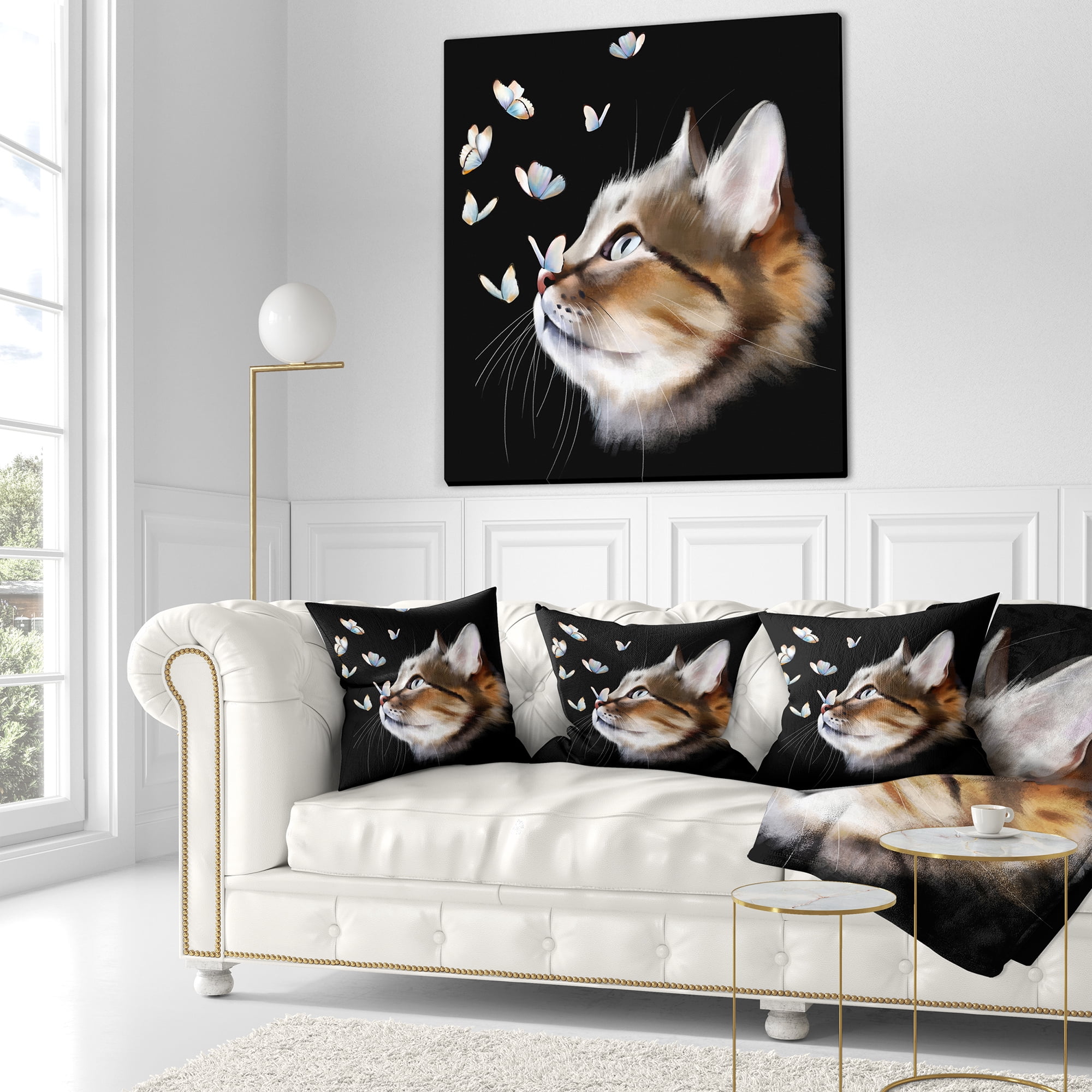 Designart Cat with Butterflies on Black - Animal Throw Pillow - 18x18