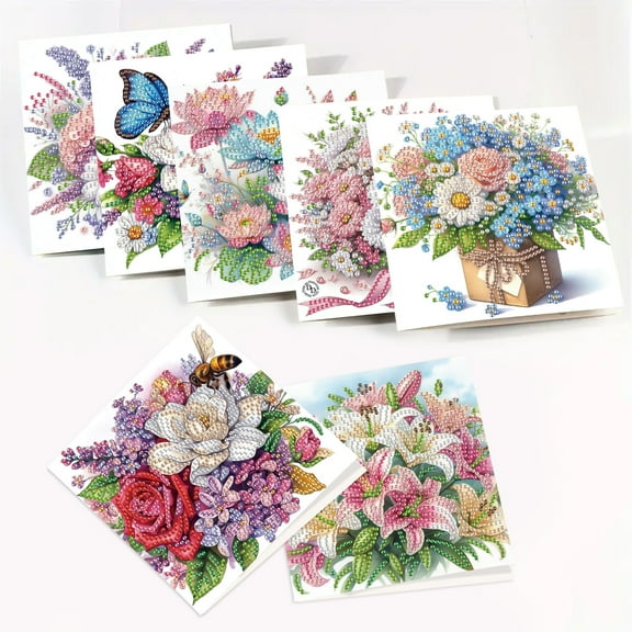 8 pcs Diamond Art Painted Greeting Card, Pretty Flower 5D DIY Special Shape Diamond Card Creative Gift, Christmas Thanksgiving Greeting Card Congratulation