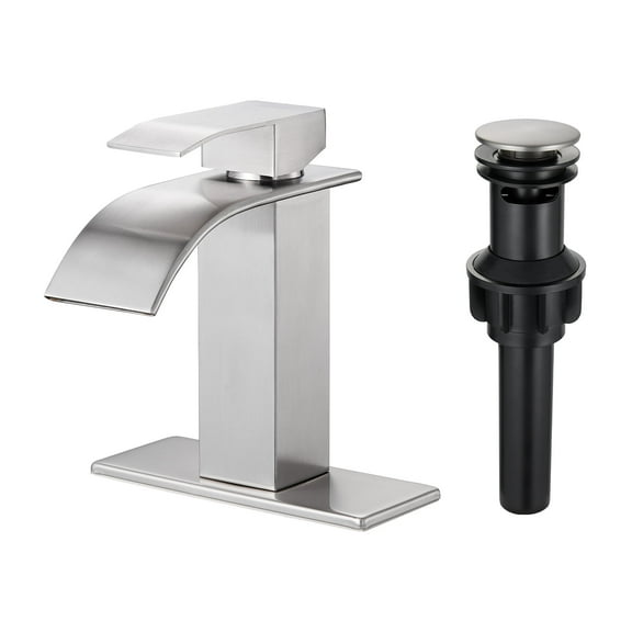 Cobbe Single Handle Single Hole Brushed Nickel Waterfall Bathroom Sink Faucet with Deck Plate and Pop-Up Drain Assembly