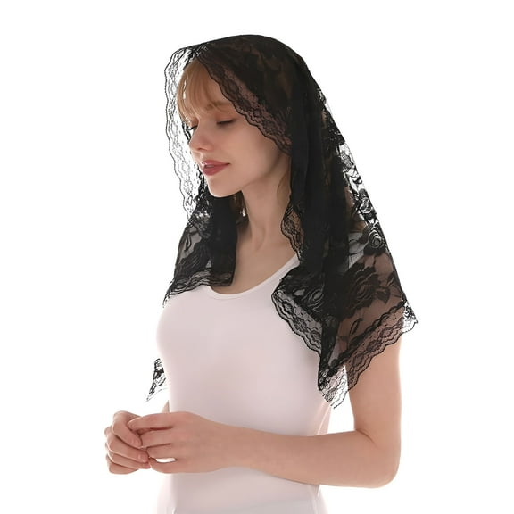 TELOLY Women's Floral Lace Veils Lace Mantilla Catholic Short Scarf Church Bridal Veils Head Covering Latin Mass Black One Size