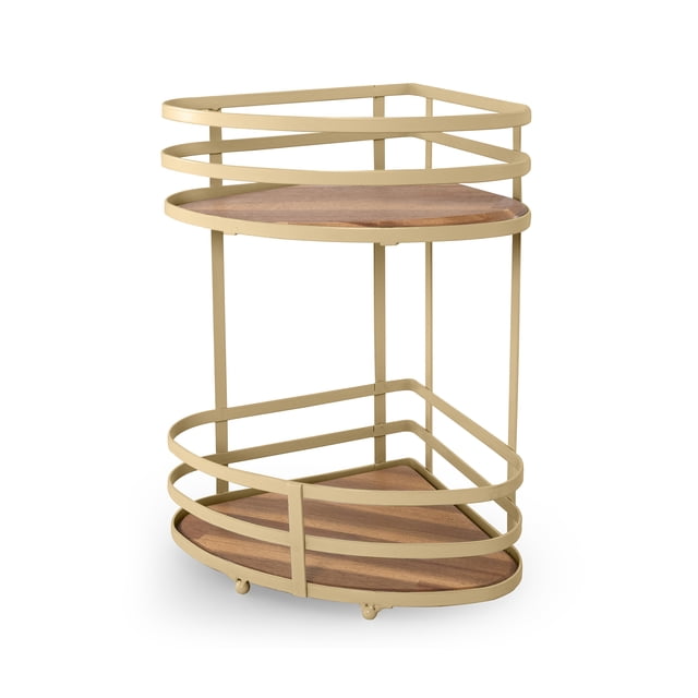 Estante Esquinero Para Baño Acento de 2 Niveles Mueble Para Baño Metalico Dorado con Madera Acacia