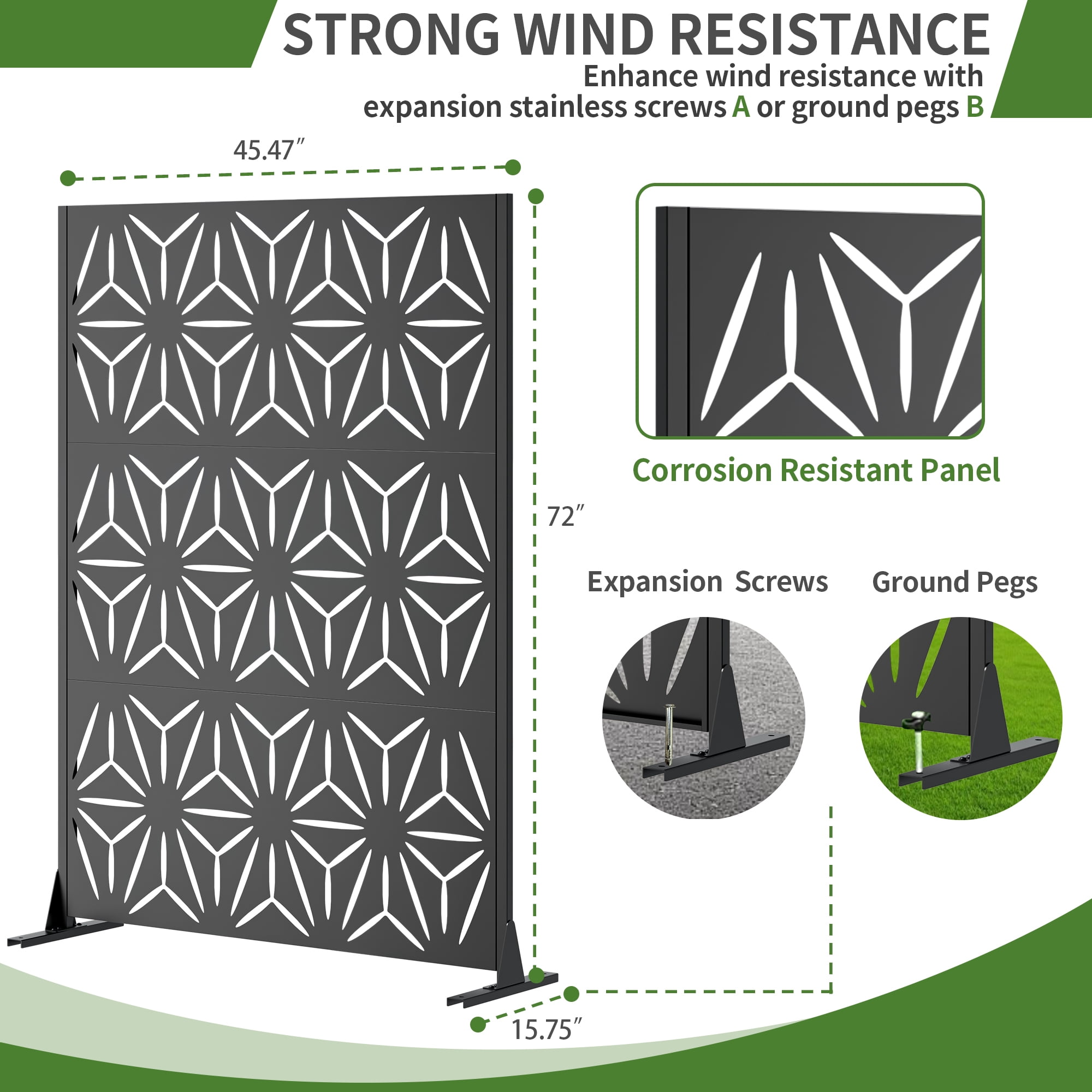 Outdoor Privacy Screen, 72x46 Inch Freestanding Metal Fence for Garden Backyard Patio Decor, Black