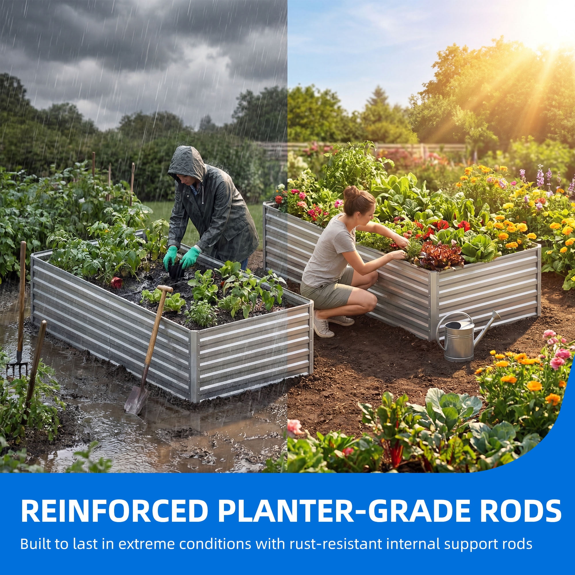 Uforic 6x3x2 ft 2-Pack Galvanized Raised Garden Bed Kit, Silver Metal Planter Box with Gloves, Ground Nails & Support Rod, Outdoor Above Ground Planter for Vegetables, Flowers, Plants