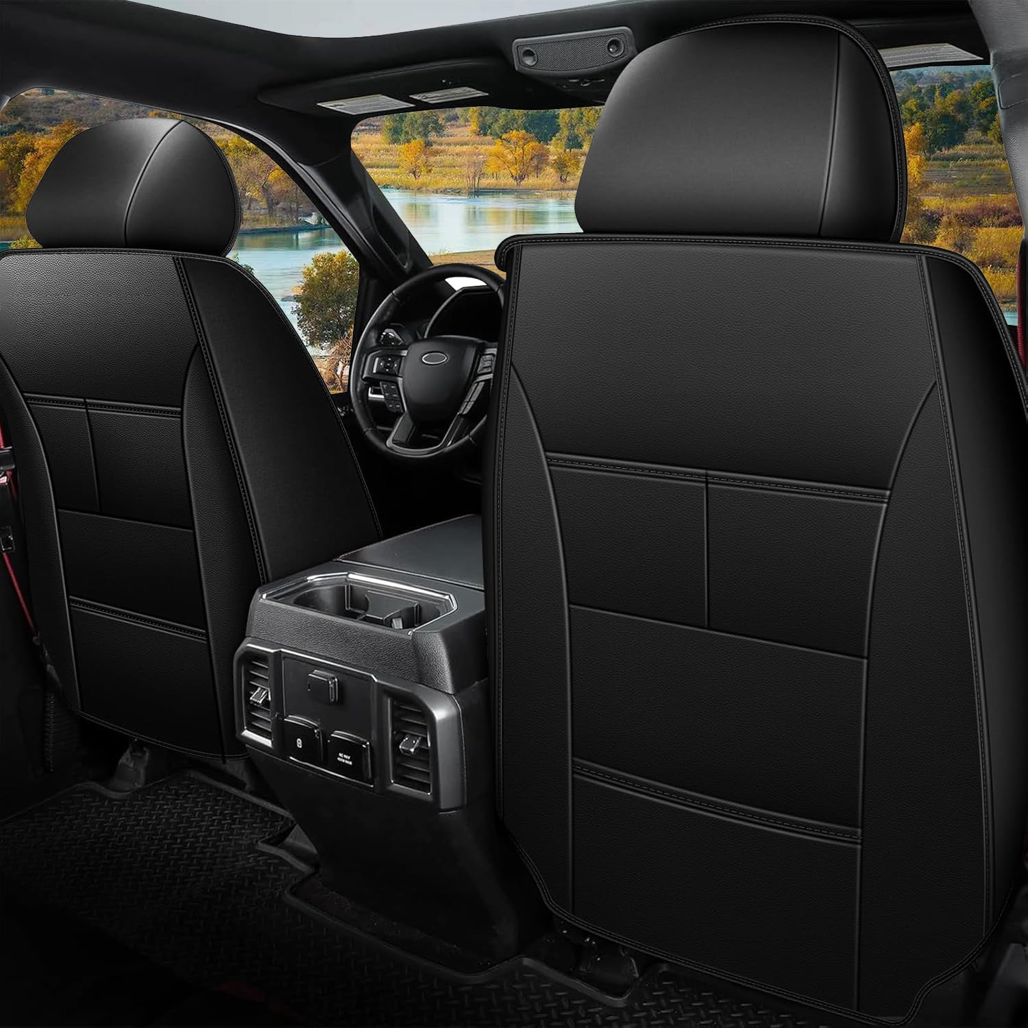 Custom Seat Covers for Ford F150 2009-2026 F250/F350/F450 2017-2026: 5 Seat Full Set Faux Leather Truck Seat Covers Car Cushion (Black)