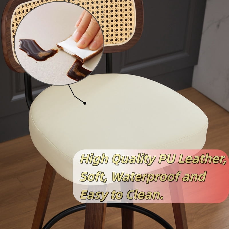 Set of 2 Swivel Upholstered Bar Stools, 26in Counter Height Rattan Backrest Accent Pub Chairs Counter Stools