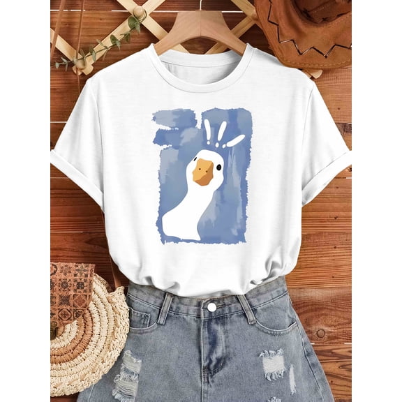 Duck Print Round Neck Short Sleeve Breathable Cotton T-Shirt for Women Casual Daily Summer Wear