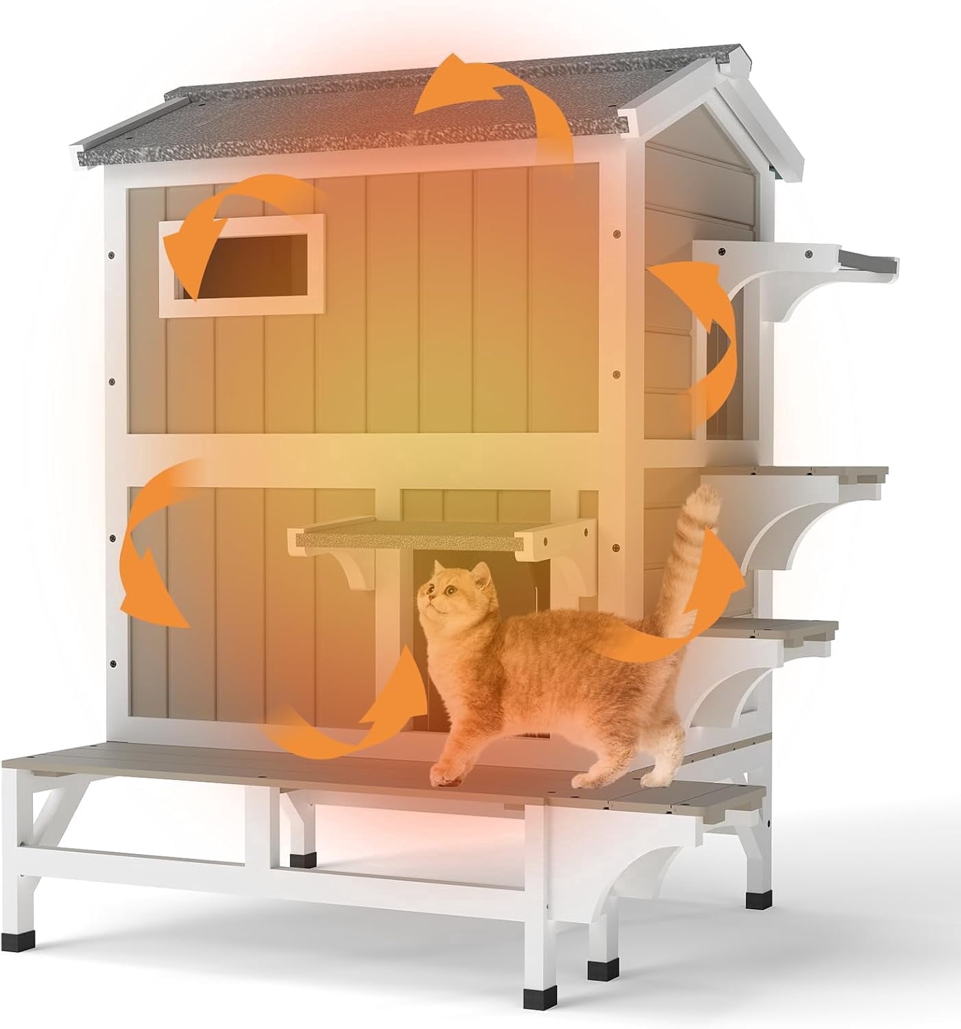 Petsblublu Insulated Outdoor Wooden Two Story Cat House Weatherproof Cats Shelter with 3 Jumping Platforms, Grey