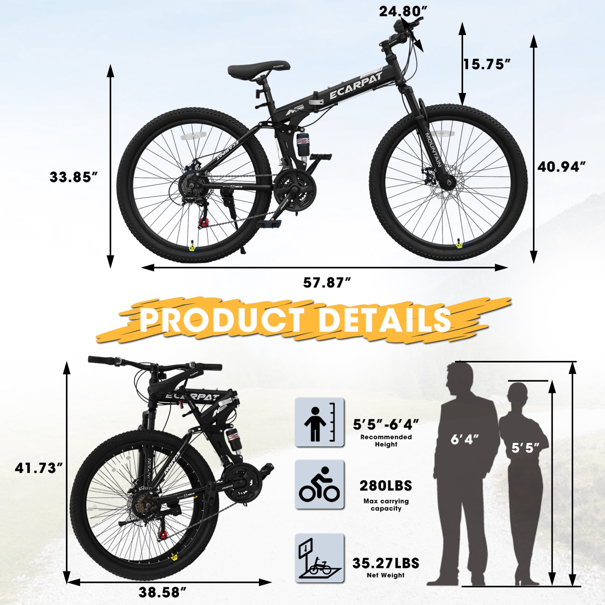 Ecarpat 26 Inch Folding Mountain Bike, 21 Speed Full Suspension Bicycle Dual Disc Brake, Durable Steel Fold Bike for Women and Man