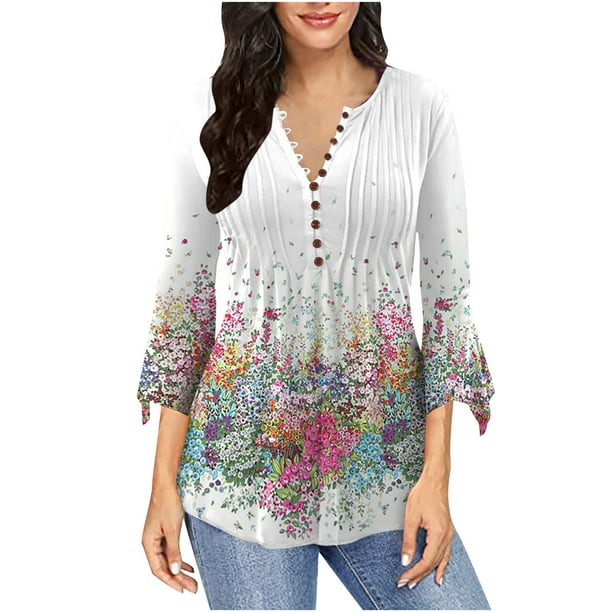 Tops de Mujer Elegantes Blusas Informales Camisas Trompeta Manga 3/4 Estampado Abotonado Básico Fruncido Corsé Túnica Plisada Odeerbi ODB170989