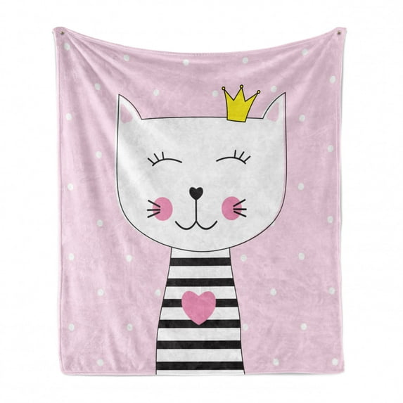 Kitty Soft Flannel Fleece Throw Blanket, Design of a Kitten in a Crown on a Polka Dots Background, Cozy Plush for Indoor and Outdoor Use, 70" x 90", Baby Pink Grey, by Ambesonne
