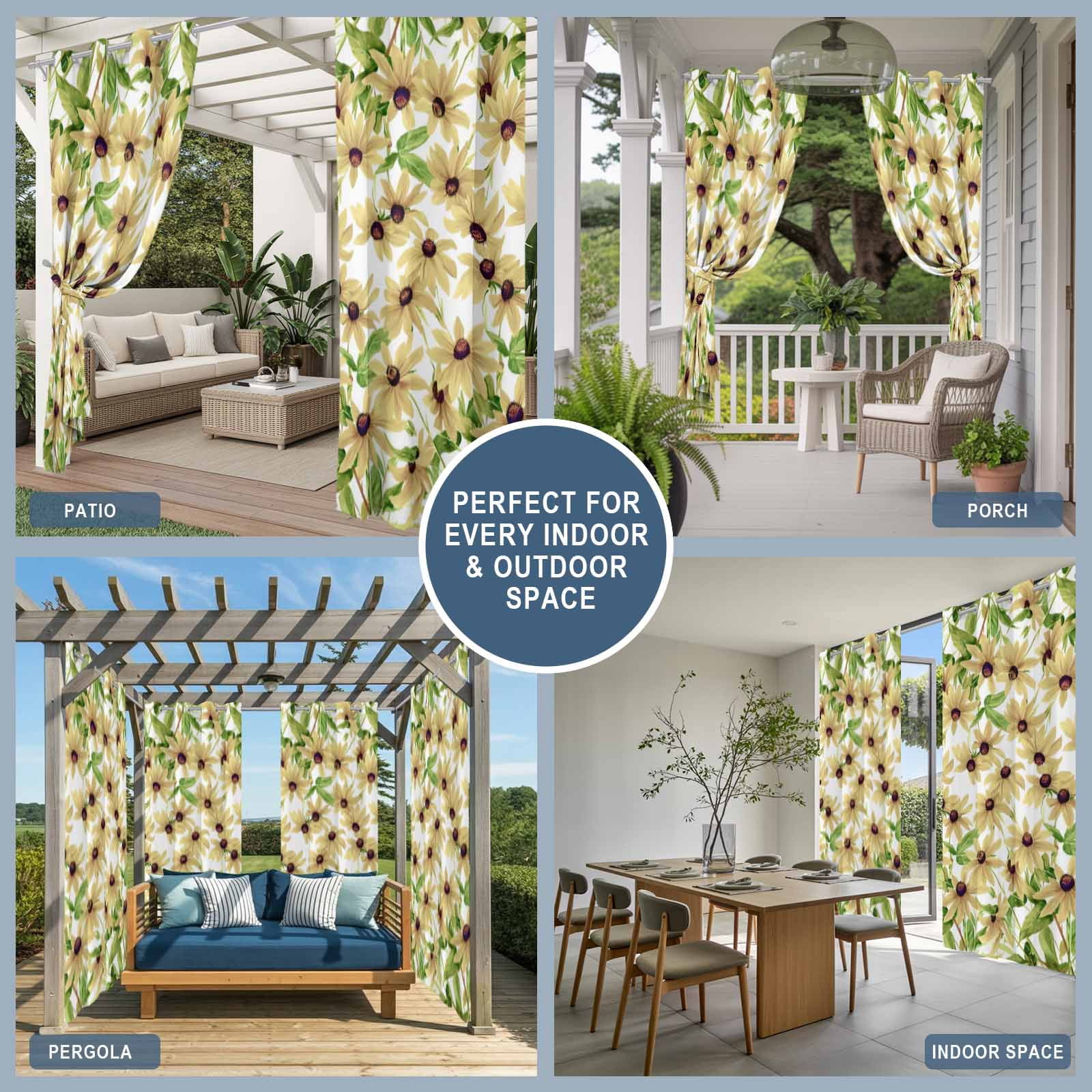 Vintage Sunflowers Outdoor Curtains for Patio Waterproof, Grommet Outdoor Privacy Panels, Spring Botanical Green Leaves Weatherproof Outside Curtains for Porch/Cabana 54"Wx108"L, 1 Panel