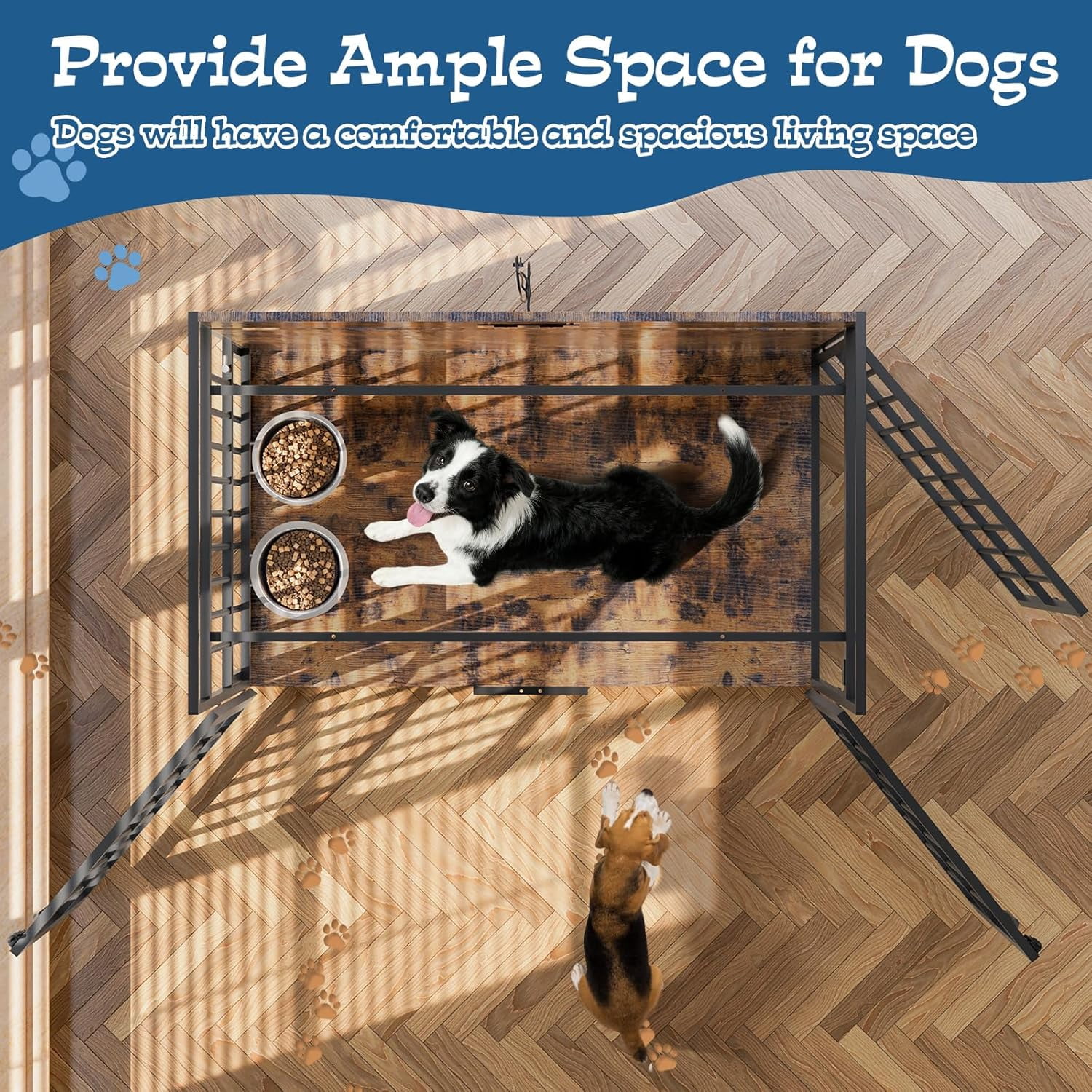 Magic Union 41" Large Dog Crate Furniture, Indoor Dog Kennel with USB Charging Station, Wooden Dogs Crate with 360° Rotating Feeder Bowls and 3 Doors, Medium Dogs Cage for Small/Medium Dogs