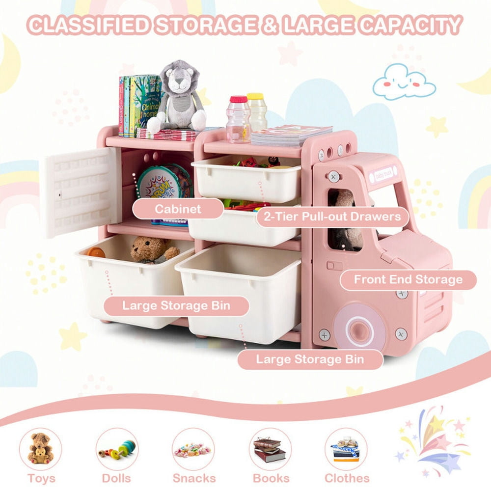 Spaco Toddler Truck Storage Organizer with Plastic Bins-Pink, Toy Organizer for Kids, Boys, Girls, Nursery