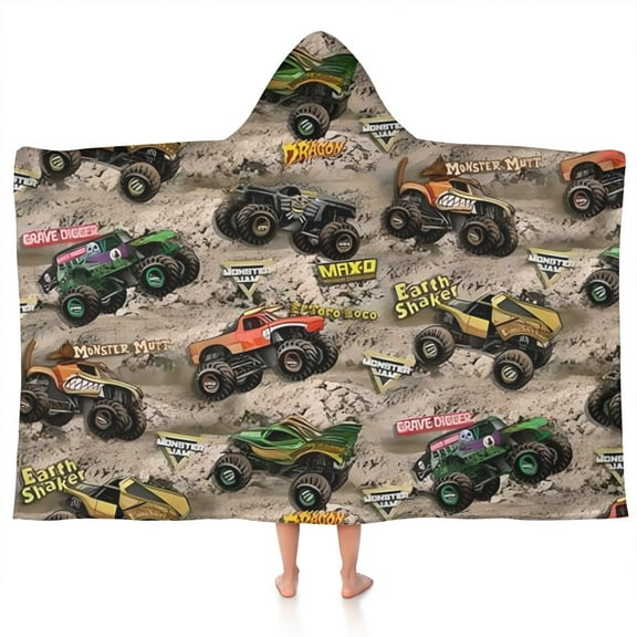 Brown Mud Monster Cartoon Trucks Pattern Hooded Bath Towel,50"x30" for Ages 3 To 12 Kids, Quick Dry Lightweight Soft Microfiber Hood Beach Towel Cover Up for Kids