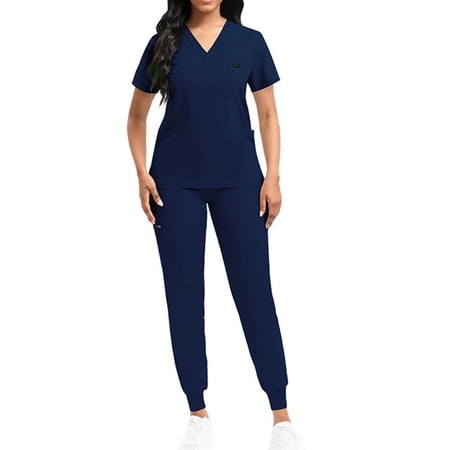 Fabrcox 2 Piece Scrub Sets for Women Summer Short Sleeve Nurse Tops Long Jogger Pants with Pockets Casual Soft Medical Nursing Uniforms Set Dark Blue L