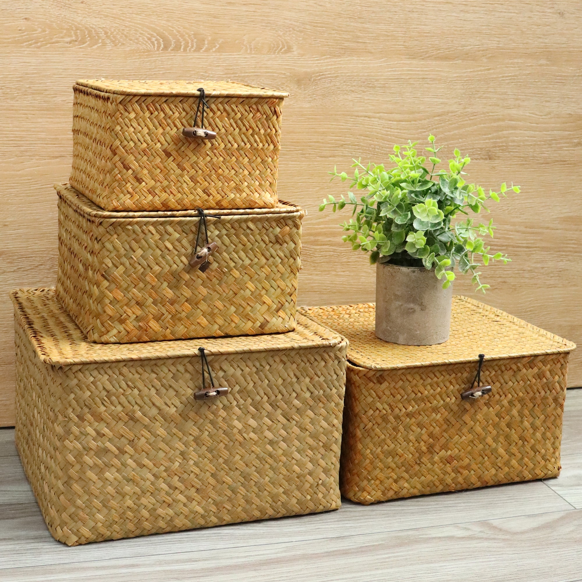 BlueMake 4Pcs Wicker Storage Baskets with Lids Seagrass Woven Baskets for Shelves Stackable Storage Boxes for Organizing Rattan Bins - Natural